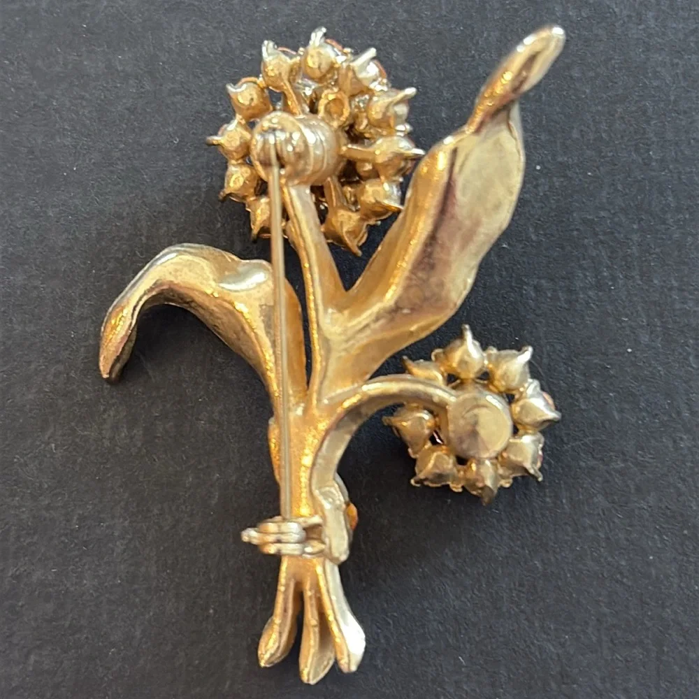 Vintage Pink Rose Crystal Floral Brass Brooch - Picture 3 of 5